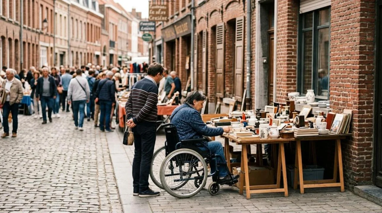 Personne en fauteuil roulant chinant sur un étal de la Braderie de Lille, accompagnée d'un proche