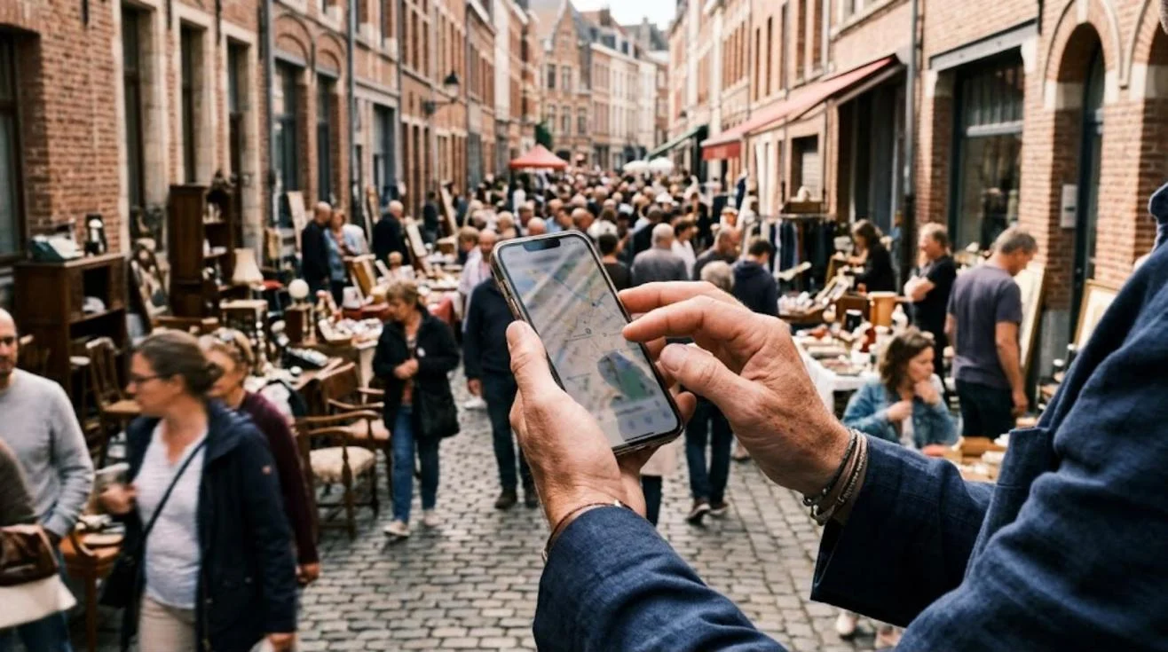 Visiteur consultant un plan sur son smartphone au milieu des étals de la Braderie de Lille