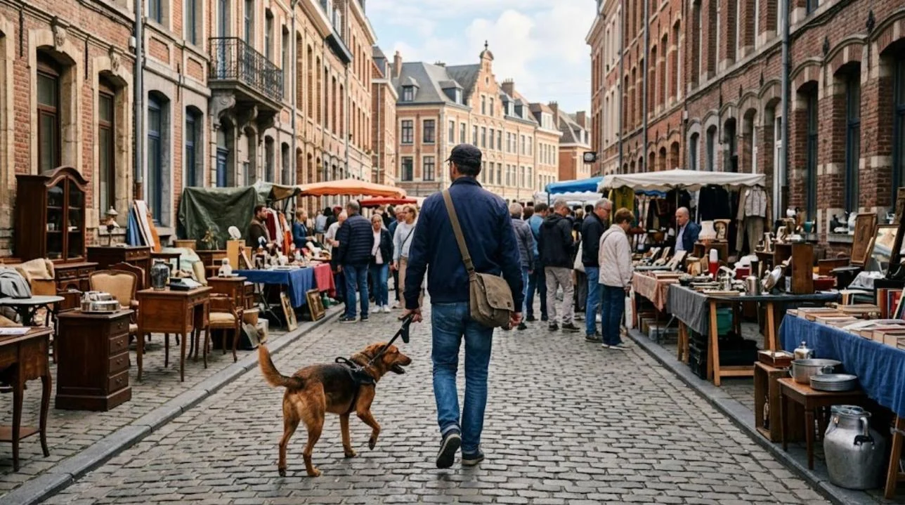Chien en laisse avec son maître entre les étals de la Braderie de Lille