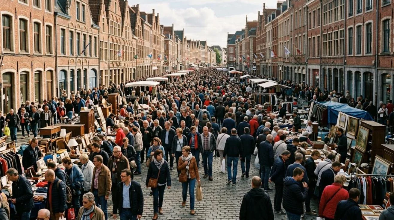Foule de chineurs dans une rue pavée de Lille bordée d'étals pendant la Braderie de Lille