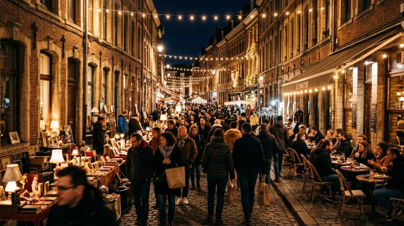 Rue de Lille illuminée la nuit pendant la Braderie, étals, foule et terrasses sous les guirlandes