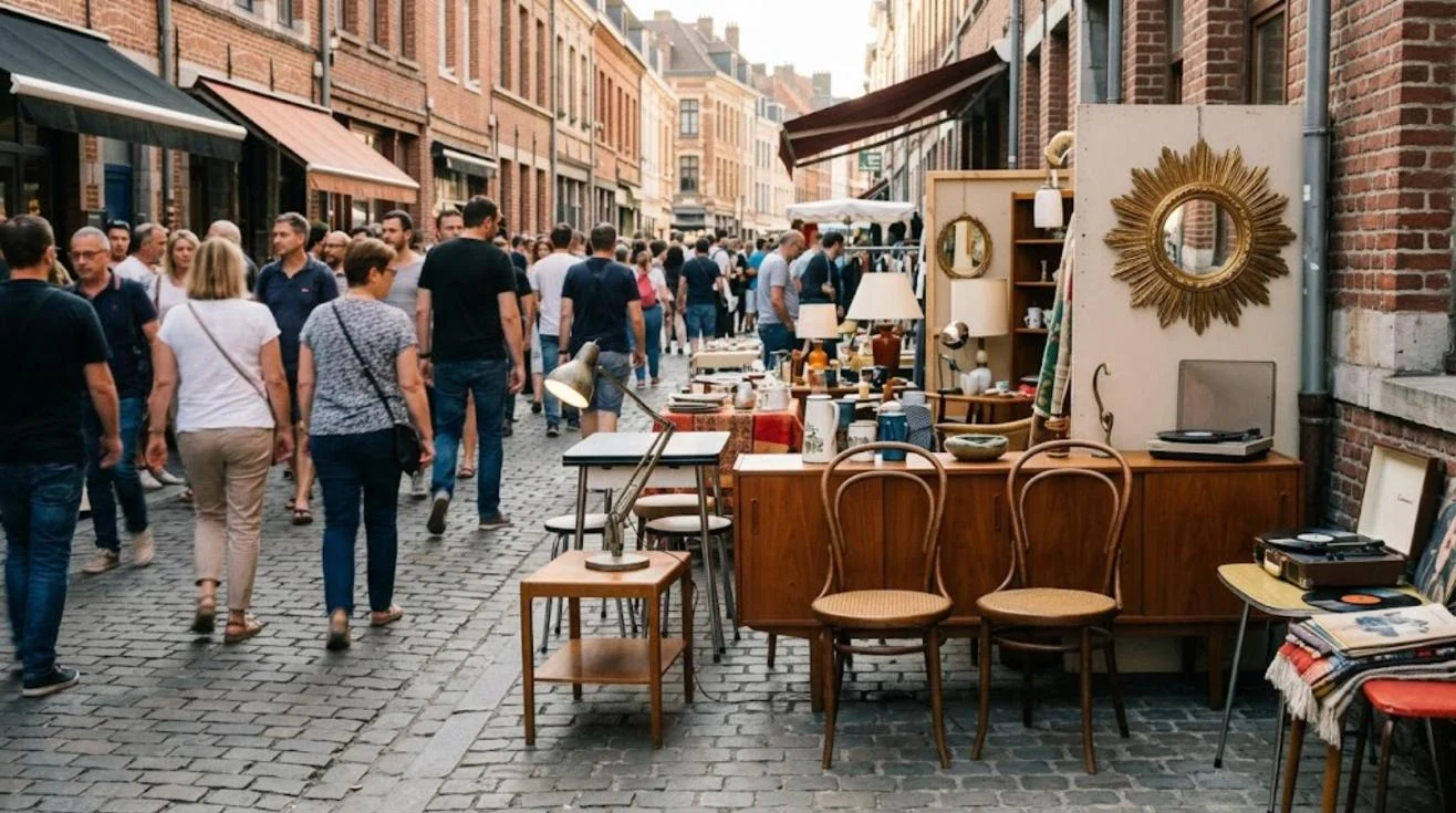 Stand de mobilier vintage des années 50-70 sur les pavés du Vieux-Lille pendant la Braderie de Lille