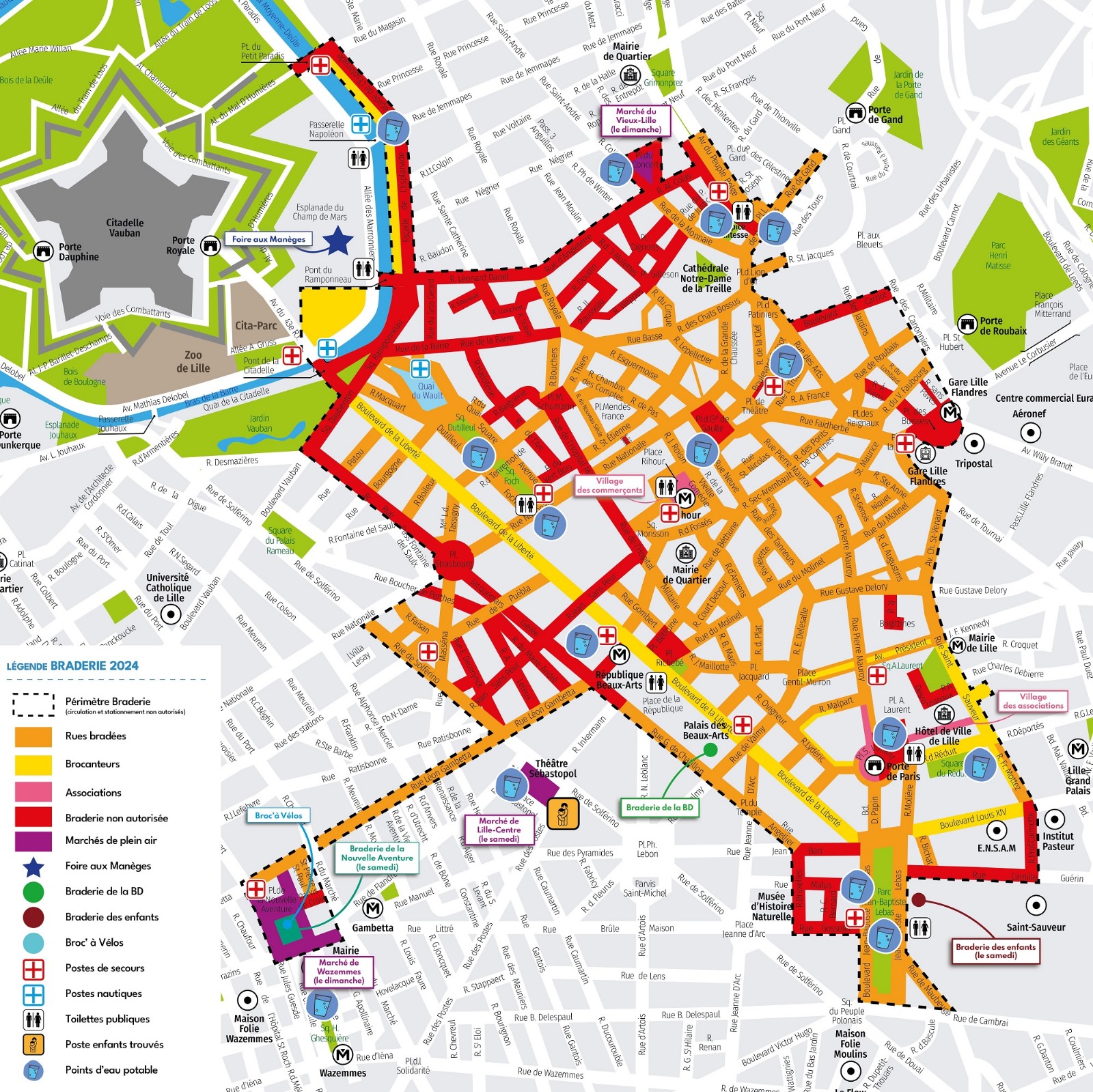 Map of the Braderie de Lille: perimeter, areas, first-aid posts and toilets