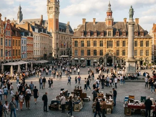La Grand'Place de Lille, la Vieille Bourse et la colonne de la Déesse animées pendant la Braderie