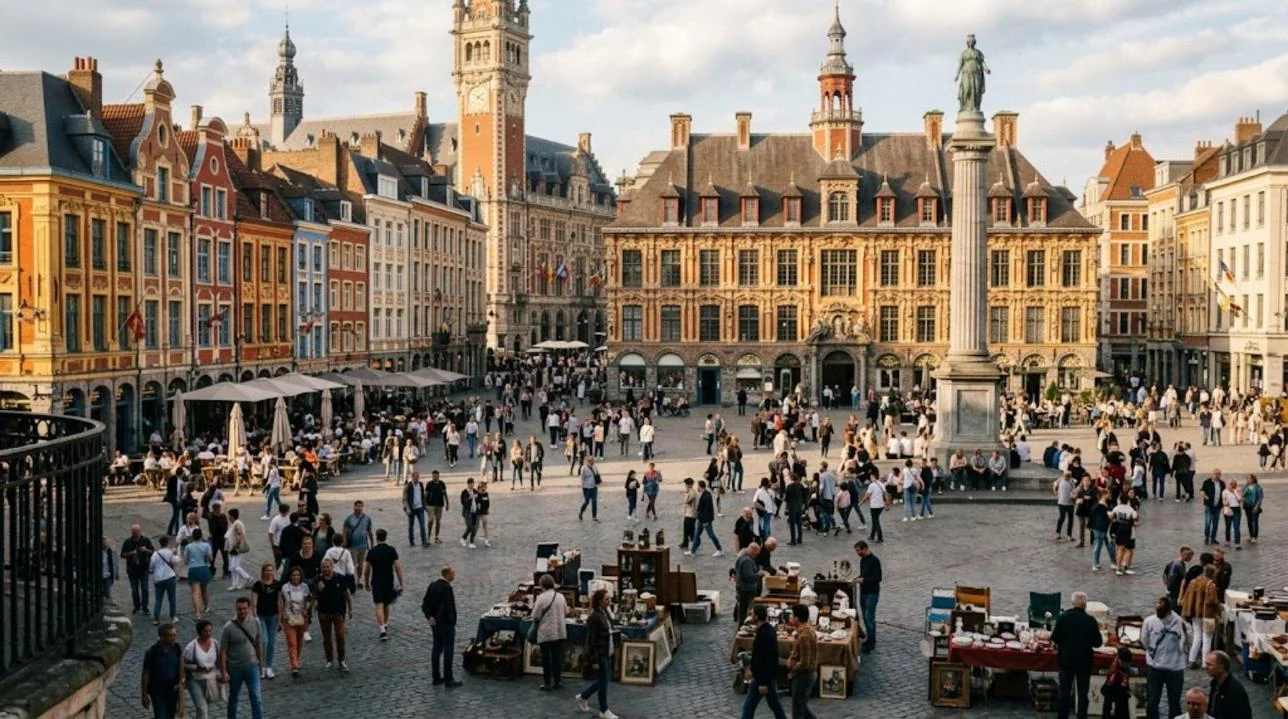 La Grand'Place de Lille, la Vieille Bourse et la colonne de la Déesse animées pendant la Braderie