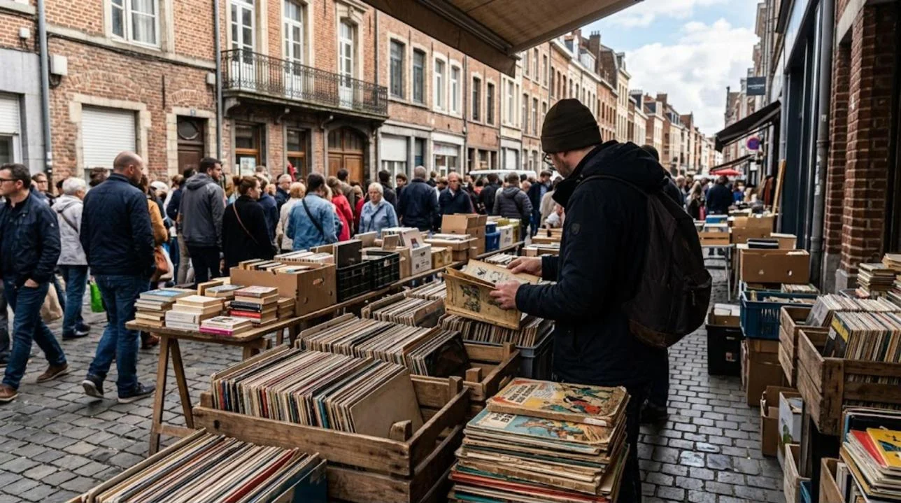 Bacs de vinyles, livres anciens et bandes dessinées sur un étal de la Braderie de Lille